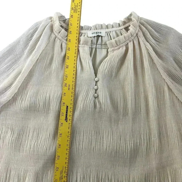 UMGEE Womens L Ruffle Metallic Champagne Blouse Crinkled Shimmer Mandarin Neck - Picture 11 of 16
